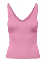 Top de punto rosa con cuello en V, sin mangas y breteles anchos.