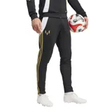 Pantalón de fútbol Adidas Messi negro con detalles en dorado y blanco.