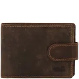 Billetera de cuero marrón con broche, 12 ranuras para tarjetas y forro interior de poliéster reciclado. Cuenta con tecnología RFID.