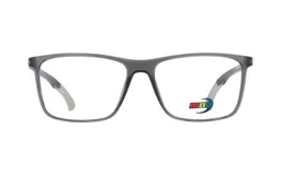 Armazón para lentes de receta MDQ modelo M25, color gris con detalles en azul en el logo. Diseño rectangular con patillas delgadas.