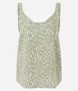Blusa sin mangas en viscosa color verde con estampado de peces, escote V y tirantes anchos.