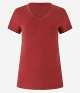 Blusa blanca de algodón con cuello en V, manga corta y bolsillo frontal.