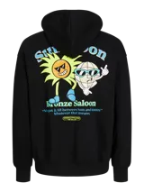 Hoodie negro con capucha y manga larga. Estampado en la espalda con un sol, una luna y el texto "Bronze Salon".