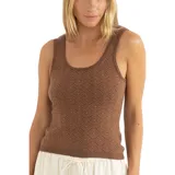 Remera sin mangas marrón con escote redondo y tejido de punto con patrón geométrico en tonos marrones.