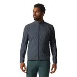 Cortaviento gris oscuro con cierre frontal completo, cuello alto y logo de la marca en el pecho.