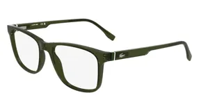 Armazón para lentes de receta Lacoste modelo 2974/53, de acetato color verde oliva, con forma rectangular y logo del cocodrilo en la patilla.