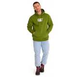 Buzo canguro verde oliva con capucha ajustable y cordones, bolsillo frontal y logo CAT estampado en blanco en el pecho.