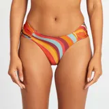 Braguita de bikini brasileña con estampado psicodélico en tonos naranja, amarillo, azul y marrón.
