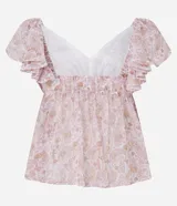 Blusa peplum sin mangas, confeccionada en chiffon con volados en las sisas, escote V, espalda con escote cuadrado además de elástico en la cintura y estampa paisley floral.
