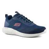 Championes deportivos Skechers Bounder Intread, color azul marino con logo rojo. Capellada de tejido knit técnico y material sintético, con cordones elásticos. Plantilla Skechers Air-Cooled Memory Foam y amortiguación ULTRA LIGHT.