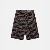 Shorts de corte amplio con estampado de camuflaje en tonos marrón, verde y azul. Presenta un bolsillo trasero con un rayo bordado y una etiqueta en la cintura con el logo de la marca.