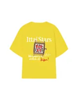 Remera marrón con estampado de un reloj dorado y la frase "Who wears a watch in Ibiza?".