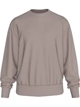 Buzo color topo, de corte holgado, con cuello redondo, puños y dobladillo acanalados. Presenta una cinta con el logo de la marca en los laterales.
