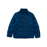 Campera puffer azul con cierre frontal, cuello alto y logo de la marca bordado en el pecho.