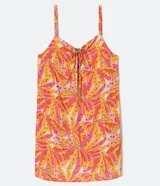 Vestido corto con tirantes finos, escote en V con lazo ajustable y estampado de bananas en tonos rosa, naranja y amarillo.