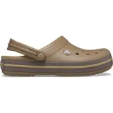 Zuecos Crocs Crocband™ color blanco hueso con una franja verde en la suela.