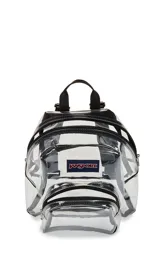 Mochila mini transparente con detalles en color lila pastel, marca JanSport.