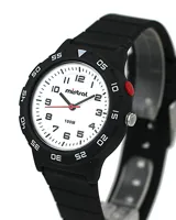 Reloj Mistral deportivo con correa de silicona negra, esfera blanca con números negros y bisel negro con números blancos.