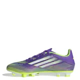 Championes de fútbol Adidas F50 Club FG/MG, color violeta con detalles en verde y blanco.