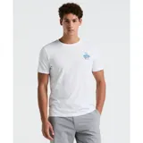 Remera blanca de algodón con cuello redondo y manga corta. Estampado pequeño en el pecho con diseño de postal en tonos celeste y azul.