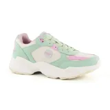 Championes Hi-Tec Harlan de estilo casual, con capellada de malla color beige y apliques en colores pastel (rosa, celeste, lila y amarillo). Suela de goma blanca con diseño chunky.