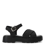 Sandalias negras con plataforma, tiras cruzadas con glitter y hebilla lateral.
