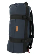 Bolso de viaje unisex RKF color azul marino, confeccionado en poliéster reciclado resistente al agua. Cuenta con compartimento principal con cierre, bolsillos interiores con cierre y de malla, correas de mochila ajustables, bolsillo delantero y trasero con cierre, correa ajustable y llavero mosquetón.