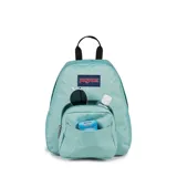 Mochila Jansport Half Pint color celeste con logo de la marca en el frente, asa de mano superior y bolsillo frontal con cierre.
