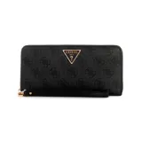 Billetera Guess Laurel negra con estampado del logo de la marca y aplique metálico dorado con el logo triangular característico.