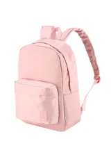 Set de tres piezas de accesorios de nylon color beige claro, compuesto por una mochila con bolsillo frontal, una lonchera con asa superior y una cartuchera pequeña con cierre. Todos los artículos tienen un diseño minimalista y liso, con una pequeña etiqueta de cuero sintético con el nombre de la marca.