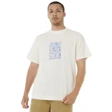 Remera blanca de manga corta con estampado rectangular en el frente con diseño abstracto en tonos celeste y azul, y logo de la marca Rip Curl.