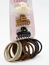 Pack de 15 accesorios para el pelo color marrón, que incluye coleros elásticos y pinzas tipo clip.