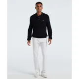 Sweater tipo polo de manga larga color azul marino, tejido de punto en algodón con trama zigzag y cuello con tapeta de botones.