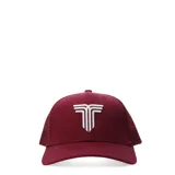 Gorra de béisbol bordó con paneles traseros de malla y logo bordado en blanco en el frente.