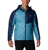 Campera Columbia Platinum Peak para hombre, con capucha y cierre frontal. Diseño color block en azul marino y celeste. Cuenta con tecnología térmica reflectante Omni-Heat Infinity y plumón sintético reciclado Omni-Heat.