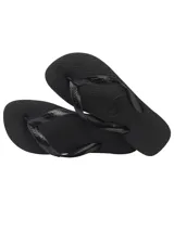 Chancletas Havaianas negras con suela texturizada y tiras con diseño de grecas y logo de la marca.