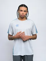 Remera deportiva Umbro de manga corta, color gris claro con paneles laterales y mangas en azul claro texturizado. Presenta cuello redondo y el logo Umbro bordado en azul claro en el pecho.