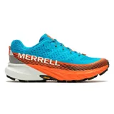 Championes de trail running Merrell Agility Peak 5, color celeste con detalles en naranja y negro.