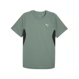 Camiseta deportiva Puma Run Velocity color verde con paneles laterales negros y logo blanco estampado en el pecho. Confeccionada con tecnología DryCell.