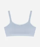 Soutien top celeste con relleno removible, breteles ajustables, aplicación de encaje y superficie texturizada.