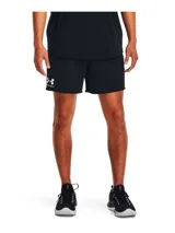Short deportivo Under Armour Rival Terry negro con logo blanco estampado en la pierna izquierda.