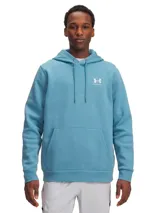 Buzo con capucha Under Armour Icon Fleece Hoodie, color celeste, con logo bordado en blanco en el pecho y bolsillo tipo canguro.