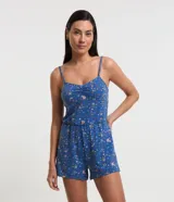 Pijama enterito azul con estampado de Stitch, breteles finos ajustables y escote fruncido.