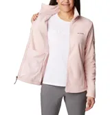 Chaqueta de microfibra color coral, con bolsillos laterales y cierre frontal, ideal para actividades al aire libre.