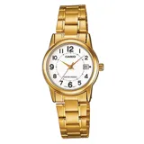 Reloj Casio para mujer, modelo LTPV002G-7BUDF, con caja y pulsera de acero inoxidable color dorado, esfera blanca con números arábigos y calendario. Resistente al agua hasta 30 metros.