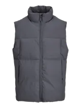 Chaleco puffer gris sin mangas con cuello alto y cierre de cremallera.