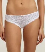 Kit de dos bombachas bikini de encaje floral, una blanca y otra negra, con moño decorativo en el centro.