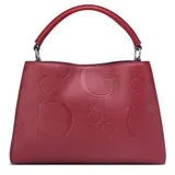 Cartera Guess modelo Jarson color rojo, confeccionada en PU con diseño repujado de la letra G. Tiene doble asa corta superior y correa larga extraíble con rayas horizontales blancas.