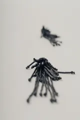 Par de aros colgantes negros con base circular y flecos de cuentas tubulares.