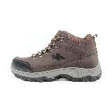 Bota de trekking color beige con detalles en negro y marrón. Cuenta con cordones marrones, suela de goma negra y logo de la marca en el lateral.